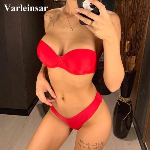 NEW 2019 Bandeau Bikini Sexy Women Swimwear Female Swimsuit Two-pieces Bikini set With Bra Cup Bather Bathing Suit Swim V1609