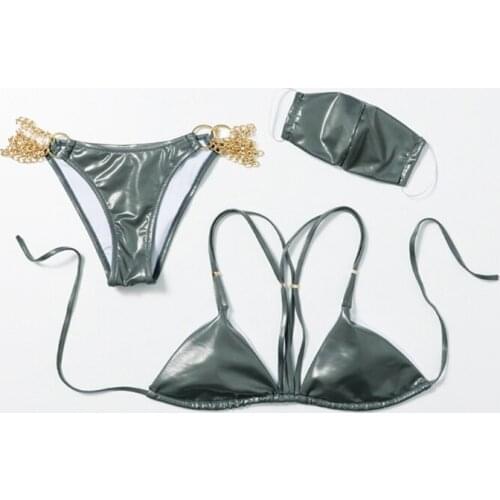 Women Sexy Shiny Metallic Faux Leather Bikini Set with Face Mask Chain Swimsuit