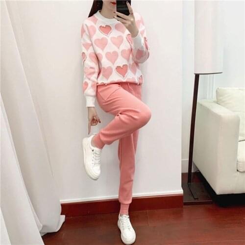Sweater suits for Women Beaded Knitted Suits Love printed Long Sleeve Sweater + Elastic Waist Harem Pants Sets Tracksuit Women