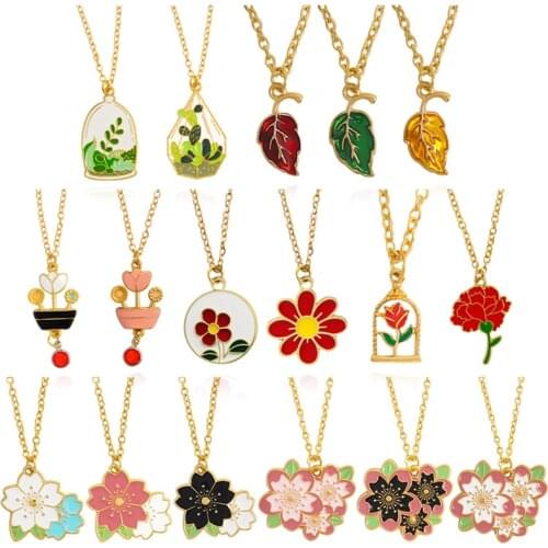 Fashion Flowers Plants Necklace for Women Rose Cherry blossoms Sunflower Cactus Leaves Pendant Necklace Party Collares Jewelry