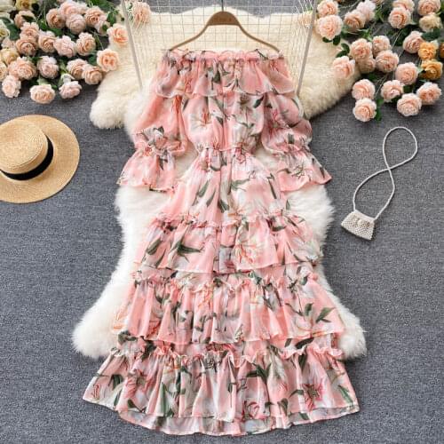 SINGREINY Women Chiffon Floral Dress Sexy Slash Neck Off Shoulder A-line Cake Dresses Autumn Boho Print Vacation Beach Dress
