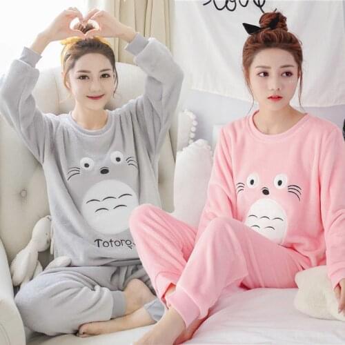 Girls Winter Long Sleeve Pyjamas Suits Homewear Cartoon Totoro Flannel Nightwear Pijama Mujer Pajamas Set For Women Sleepwear