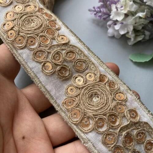 1 Yards White Gold 43mm Ethnic Gold Thread Sequins Webbing Ribbon Tape Shoes Dress Embroidered Lace Trims DIY Sewing Accessorie