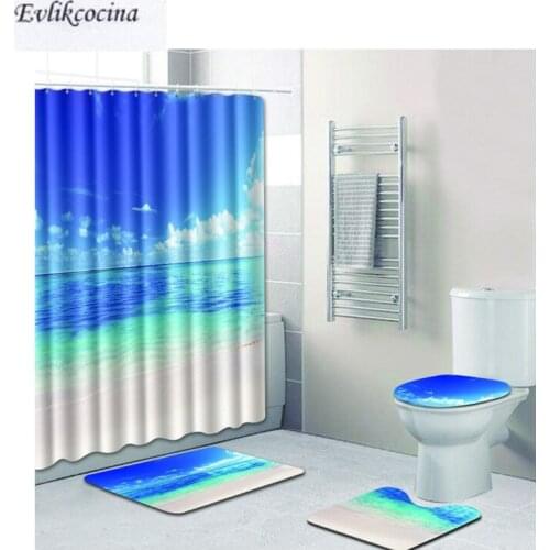 Free Shipping 4pcs Blue Sea Beach Banyo Bathroom Carpet Toilet Bath Mats Set Non Slip Pad Tapis Salle De Bain Alfombra Bano