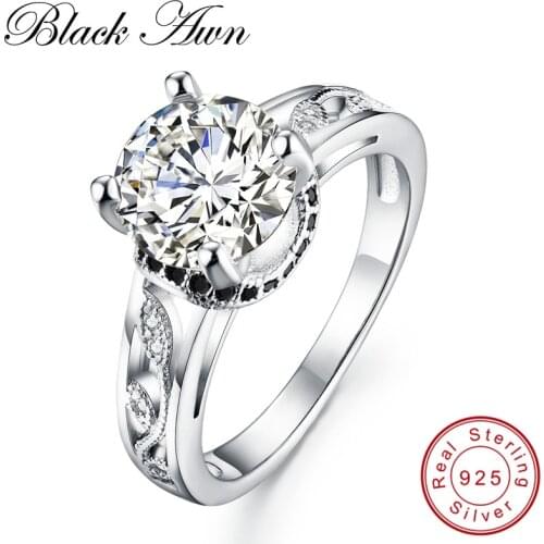 [BLACK AWN] Black & White Silver 925 Sterling Silver Jewelry Trendy Wedding Rings for Women Engagement Ring C096