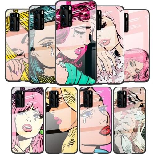 Tempered Glass Cover Crying Comic Girl For Huawei P40 P30 P20 P10 Pro Plus Lite 5G 2019 Shockproof Shell Phone Case