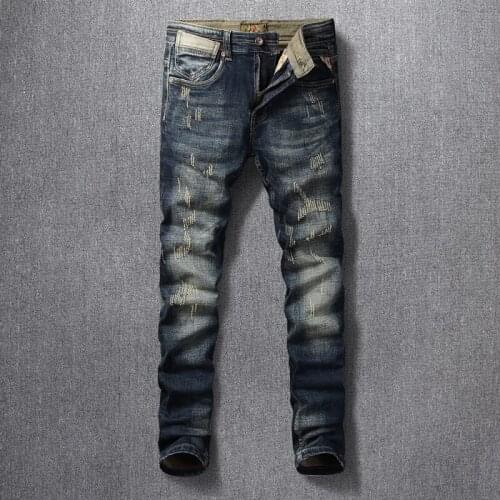 Italian Style Fashion Jeans Men High Quality Retro Black Blue Slim Fit Ripped Jeans Elastic Cotton Vintage Designer Denim Pants