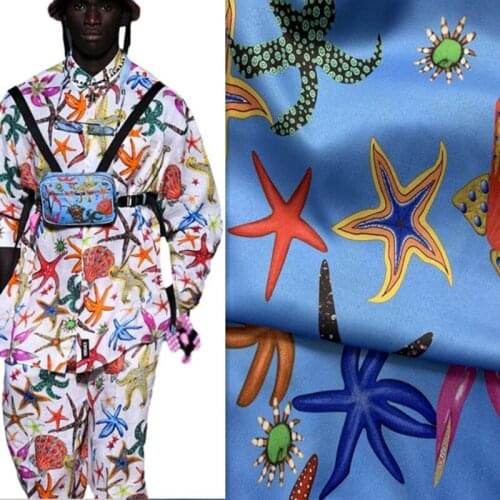 145cm*100cm designer printed fabric blue starfish pattern digital printing stretch satin fabric sewing skirt pants shirt fabric