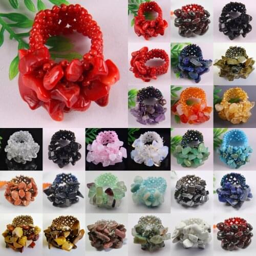 Handmade Elastic Stone GEM Bead Red Sea Coral Crystal Garnet Tigereye Sandstone Sodalite Finger Ring Stretch Size 8-9 Jewelry