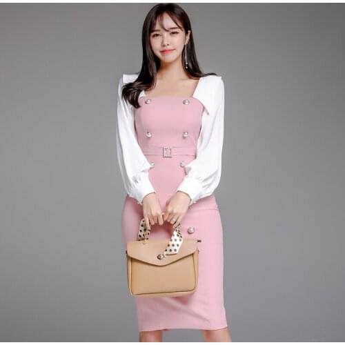 Elegant Korea Women Pink Dress Patchwork Womens Knee-Length Bodycon Long Sleeve Fashion OL Office Female Vestidos Work Dresses