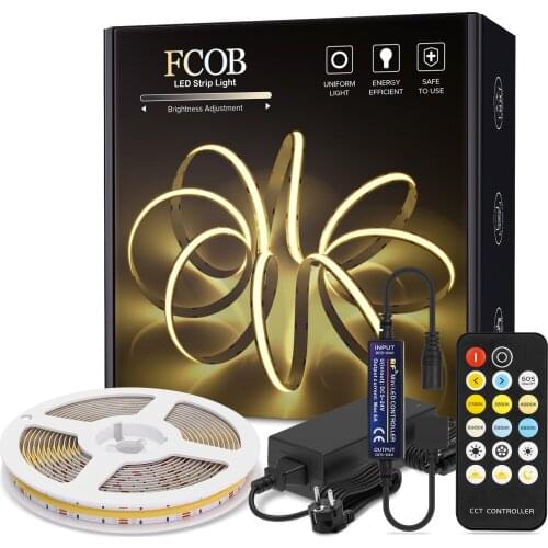 FCOB CCT LED Light Strip Full Set RF 17 Keys Dimmable High Density Flexible FOB COB Led Lights RA90 Warm White with White DC 24V