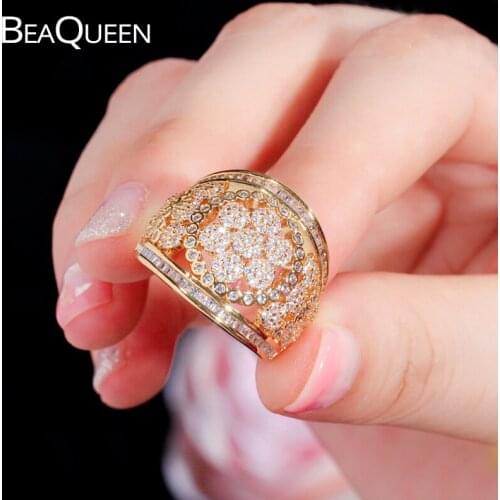BeaQueen Round Cubic Zircon Stones Micro Paved Flower Shape Big Women Finger Rings Gold Bridal Jewelry for Engagement Party R096