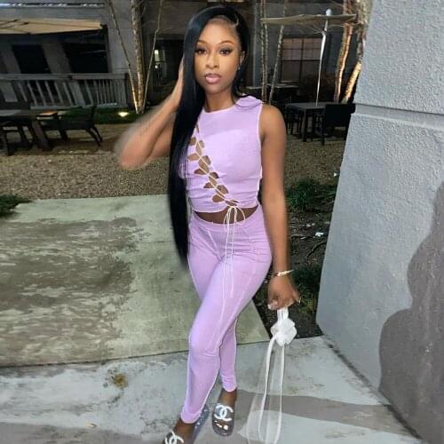 Purple Elastic Hight Two Piece Matching Set Women Sexy Lace Up Hollow Sleeveless Tank Top and Skinny Legging Co-ord Club Outfit