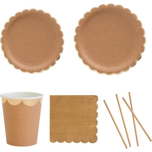 Kraft Paper Disposable Paper Tableware Sets Paper Plates Cups Napkins Wedding Birthday New Year Party Decoration Supplies