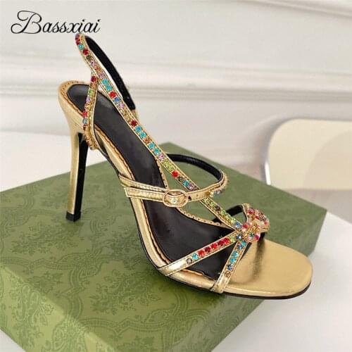 Colorful Rhinestone Narrow Band Party Sandalias Genuine Leather Little Bowtie Stiletto Heel Diamond Sandals Women Summer