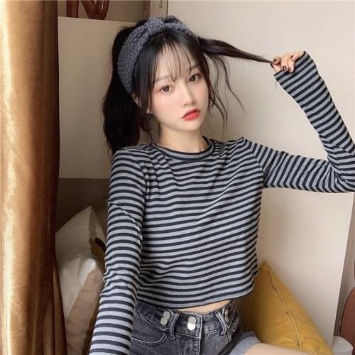 Black Striped Crop Tops Streetwear Long Sleeve Autumn Female Harajuku T Shirt Fashion Tee Tops Casual Gray High Street Tees Girl