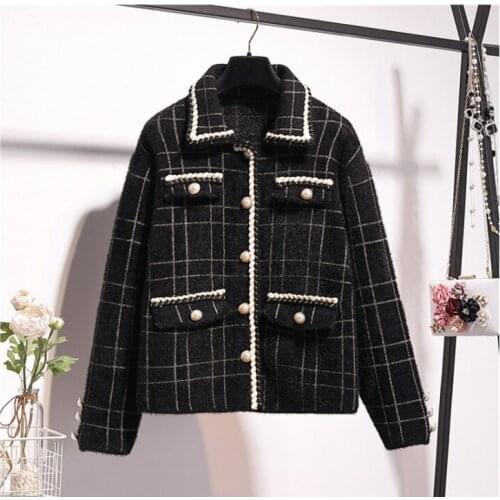 France style womens warm jackets autumn winter knitted plaid coat B173