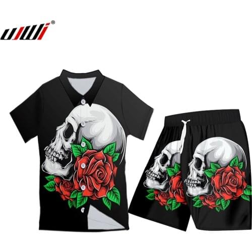 UJWI Summer Loose Shirt Sweatshirts 3d Print Rose Flower Skulls Oversized Sport Tank Top Unisex Short Sleeve Shorts Set Custom