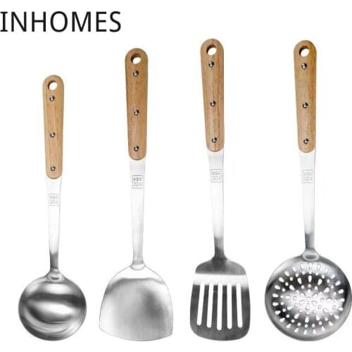 4 pcs Wood Handle Stainless Steel Wok Spatula Kitchen Slotted Turner Rice Spoon Ladle Cooking Tools Utensil Set Dropshipping