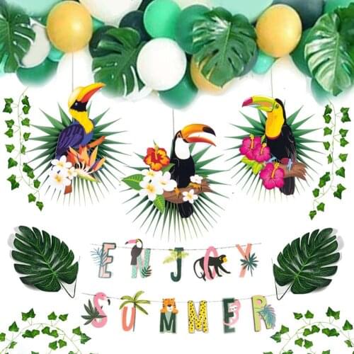 Jungle Party Decoration Set Enjoy Summer Banner Toucan Paper Fans Tropical Ivy Palm Leaves Animal Safari Birthday Party Summer