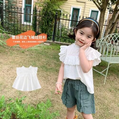 Summer New Arrival Korean style girls blouse sleeveless princess lace hollow out all-match shirt for cute sweet baby girls
