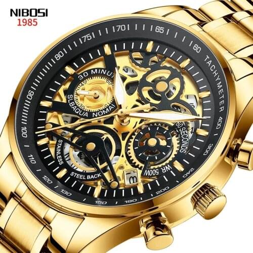 NIBOSI New Fashion Casual Men Quartz Hollow Waterproof Luminous Hand Chronograph Stainless Steel Strap Watches Relogio Masculino