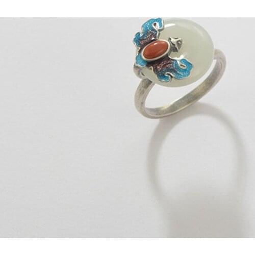 Original Design S925 Silver Enamelled Retro Minority Chinese Style National Style Forbidden City Style Hetian Jade Open Mouth Fe