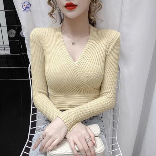 Autumn Winter Thick Sweater Women Knitted Pullover Ribbed Sweater Long Sleeve Slim Jumper Soft Warm Sexy Deep V Neck Tops
