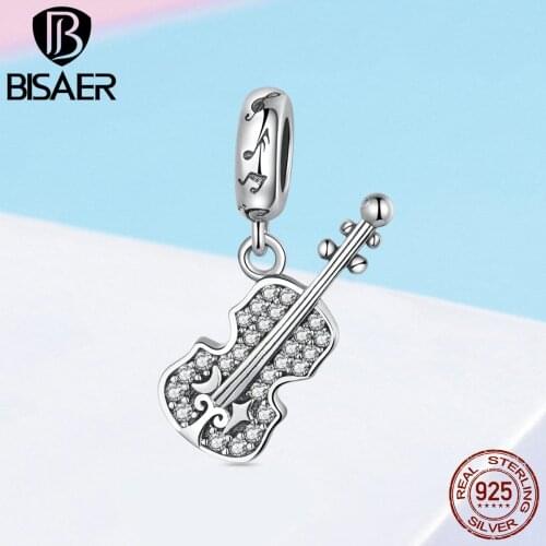 BISAER Real 925 Sterling Silver Music Violin Charms Dazzling CZ Violin Beads fit for silver DIY Jewelry Making ECC1078