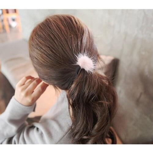 Girls kids elastic hair bands real mink fur ball rope new many color Childern fur ball with hair ring