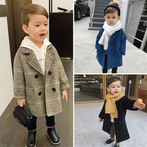 Spring Wool Coat Overcoat Grid Jackets Boys girls Woolen Double-breasted Baby Boy Trench Coat Lapel autumn Kids Outerwear Coats
