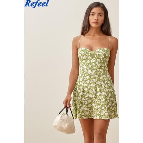 Vintage Green Floral Summer Dress France Chiffon Adjust Spaghetti Straps Vestido Fashion Girl Cute Dress