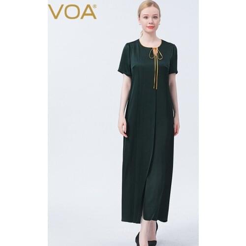VOA 100% Silk Green Double-sided Satin Crewneck Ruffled Dignity Elegance Wedding Anniversary Gift Loose Summer Woman Dress AE951