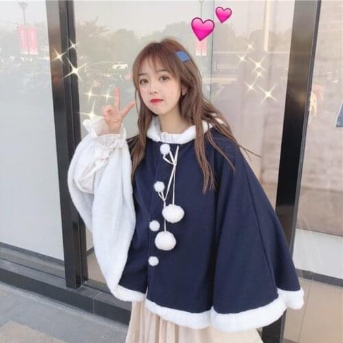 Japanese soft girl Lolita lolita cute rabbit ears hooded plus plush woolen cape coat women autumn and winter