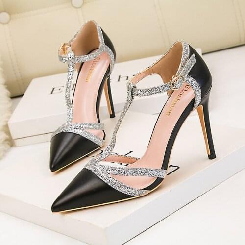 Womens pointed high-heeled sandals stiletto heels, shallow mouth pointed single shoes pointed toe hollow party rivet decorative