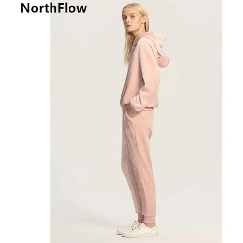 NorthFlow 2020 Hoodies Hooded Fleece Solid Pink Black Embroidery Letter Harajuku Sweatshirt Women Two Piece Set
