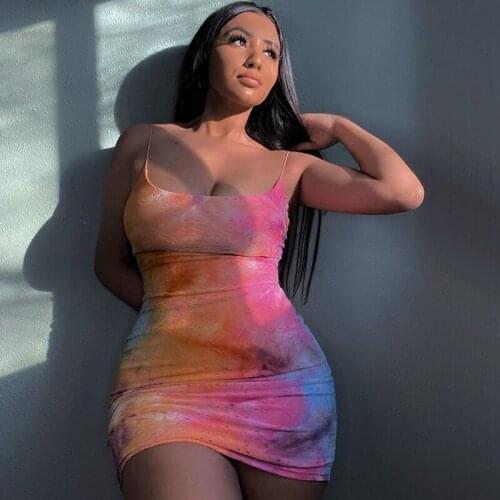 Women Sexy Hollow Skinny Mini Dress Fashion Tie-dye Print Backless Spaghetti Strap Short Bodycon Cami Dress Summer Streetwear