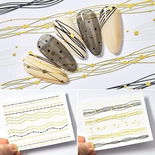 1pcs Gold+Black+White Sliders 3D Nail Stickers Straight Curved Liners Stripe Tape Wraps Geometric Nail Art Decorations