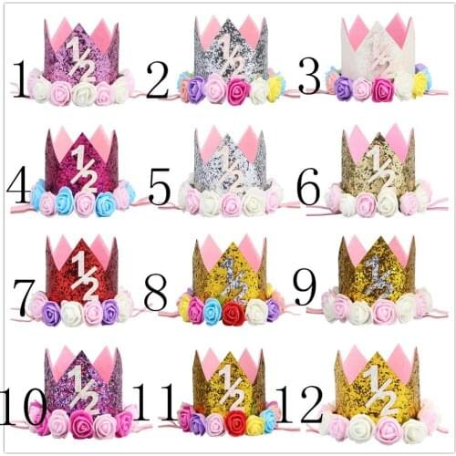 10PCS/Lots Baby Birthday Party Cake Hat Princess Tiara Crown Sparkle Hats with Artificial Rose Flower Newborn Photography Props