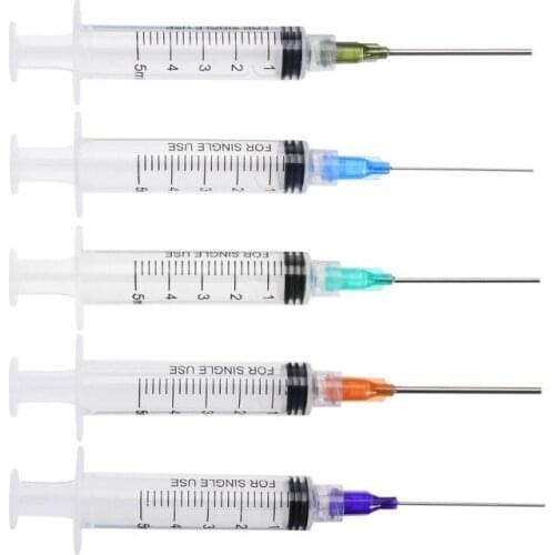 Five 5ml screw-type syringes + 1.5 inch plastic steel dispensing tip 14/15/18/21/22G each, which can be screwed to the syringe