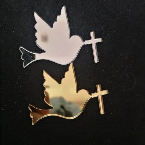 50pcs Pigeon Shape Acrylic Mirror Dove with Cross Party Baby Shower Wedding Decor Kids Room Event Party Guest Gifts