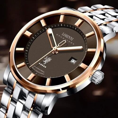 LOBINNI New Top Brand Luxury Two Tone Rose Gold Watches With Date Brown Dial Waterproof Mens Automatic Mechanical Watch