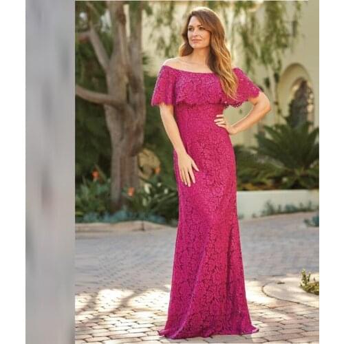 Delicate On Sale Hot Pink Lace Full Length Boat Neck Mother of the Bride Dresses Off Shoulder Short Sleeve Wedding Party Dresses