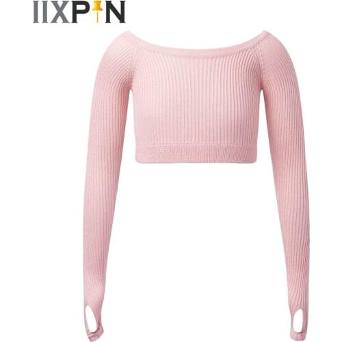 Kids Girls Long Sleeve Ballet Dance Tops Running Shirts Kids Exposed Navel Sweater Knitwear Yoga Ballet Fitness Crop Sport Wear