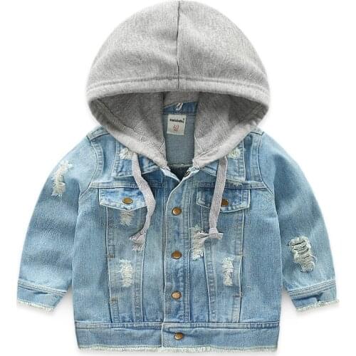 Boys Girls Denim Jacket Cotton Spring Fall Kids Hooded Jean Coat Shredded Design Cowboy Childrens Clothing