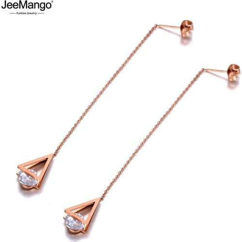 JeeMango Bohemia Titanium Steel CZ Crystal Triangle Long Tassel Earrings Fashion Ear Line Dangle Earrings For Women JE20004