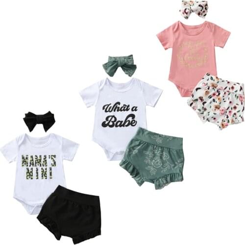 Summer Baby Boys Girls Cute Clothes Sets 3pcs Letter/Floral Printed Romper Tops Shorts Headband 0-24M