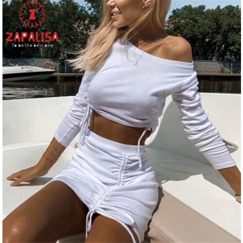 Sexy Women Two Piece Set Shrinkage Drawstring Design O-Neck Long Sleeve Solid Short Top+Elastic High Waist Slim Hips Skirts