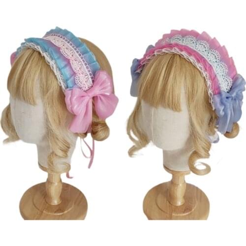 Girls Ruffles Lace Headwear Multilayered Lace with Long Ribbon Bowknot Adorn Headband Maid Anime Lolita Hair Ornaments
