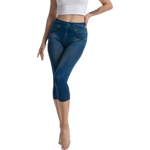 Slim Women Faux Jeans Leggings Stretch Short Leggings High Waist Pants Plus Size Calf-Length Pants Summer Breeches
